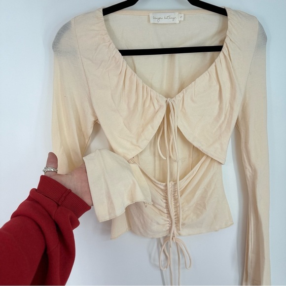 Beige Botany Cream Cutout Lace Up Flare Long Sleeve Bohemian Neutral Top - Picture 4 of 4